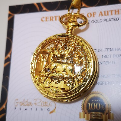 #ad 24k Gold Plated Pacifistor Deer Mechanical Pocket Watch Full Hunter Gift 24ct GBP 79.99