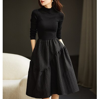 #ad Womens Elegant Wool Blend Mock Neck Long Sleeves High Waist Slim Knitted Dress $40.88