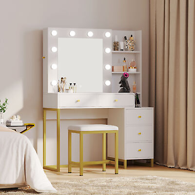 #ad Bedroom Vanity Makeup Dressing Table Set with 10 Led Light Mirror and 5 Drawers $188.44
