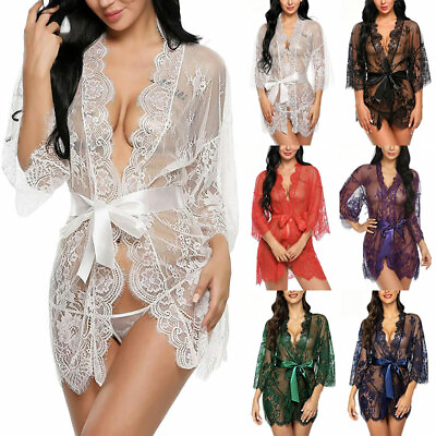 #ad Womens Sexy Lace Robe Babydoll Kimono Lingerie Dressing Gown Nightwear Nightgown $15.88