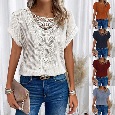 #ad Ladies Basic Short Sleeve T shirt Top Holiday Tops Summer Shirt Casual T shirt $8.79