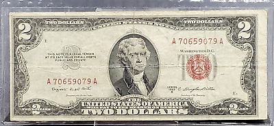 #ad 1953 B $2 United States Currency Legal Tender Note Red Seal Good VG $8.54