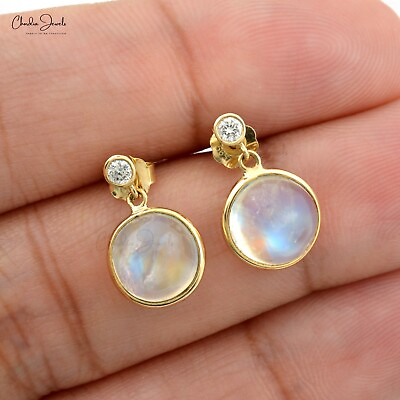 #ad Moonstone Dangle Earrings 8mm Gemstone Earrings 14K Yellow Gold Diamond Earrings $322.24