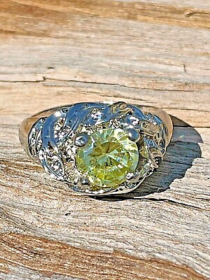 #ad Light Green Quartz Crystal Cut Gemstone Prong Silver Steel Alloy Ring 10.75 $14.99