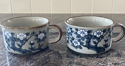 #ad Vintage Otagiri Style Soup Mugs Stoneware Dogwood Set Of Two Blue Brown *Flaw* $24.99