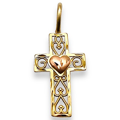#ad 14K Rose Heart Gold Cross Pendant Charm Real Solid Gold 0726 $94.04