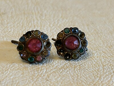 #ad Antique vintage multi color gemstone with Pink hook back earrings READ $33.00