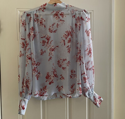 #ad Express Blue Floral Blouse Long Wide Sheer Sleeve Cuff Size P XS Top Women’s $12.00