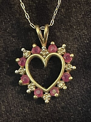 #ad Round Rubies amp; Diamond Accents Heart Pendant 10K Yellow Gold amp; 19quot; 14k Chain🌺 $140.79