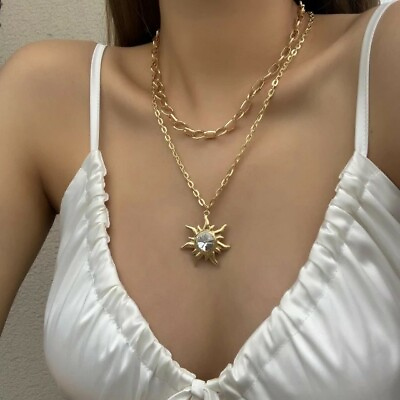 Crystal Sun Pendant Choker Necklaces Women Pearl Gold Metal chain party casual $8.99
