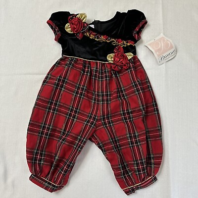 #ad BONNIE BABY Christmas Holiday One Piece Romper size 6 9 months Red Plaid Velvet $20.40