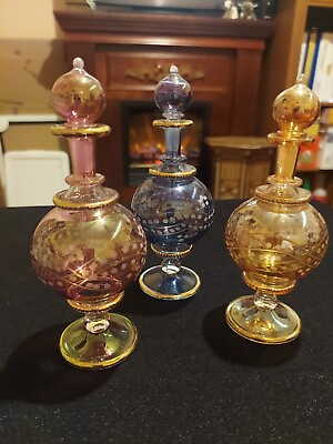 #ad Set of 3 Egyptian Vintage Blown Glass Perfume Bottles Gilding Gold Multicolors $32.85