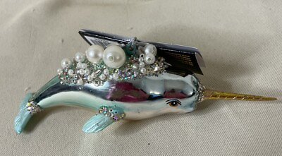 #ad Robert Stanley Blown Glass Glitter Pearls Narwhal Christmas Holiday Ornament NEW $14.24