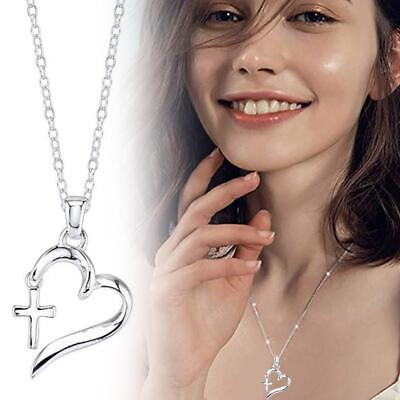 #ad Heart Cross Pendant Silver Womens Necklace Chain Jewellery Gift $1.37