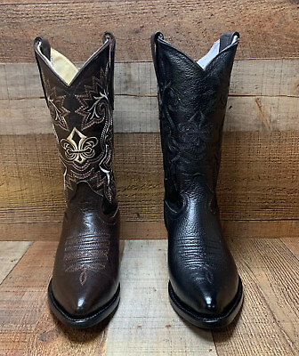 #ad Mens Western Cowboy Black Brown Boots J Toe Botas Genuine Leather Hombre Negras $106.59
