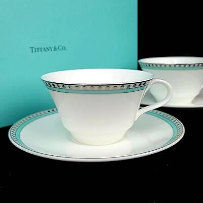#ad Tiffany Platinum Blue Band Cup Saucer 2 Pieces With Box $234.11