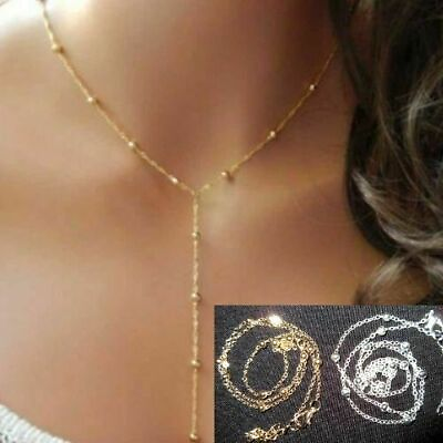 #ad Dainty Silver Gold Choker Lariat Necklace Bead Station Y Drop Chain Simple New $14.20
