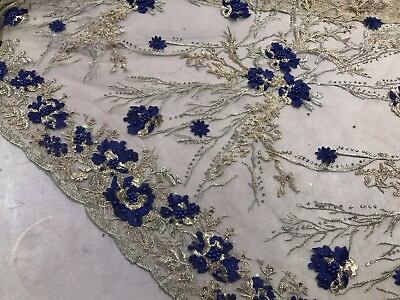 #ad Gold Blue Flower Beads Rhinestone Embroidery Lace Fabric 50in Sold By The Yard $39.99
