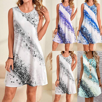 #ad Womens Boho Print Sleeveless Mini Dress Round Neck Beach Holiday Party Sundress $21.18