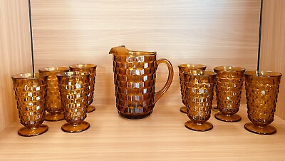 #ad 1960’s Indiana Whitehall Cubist Amber Pedestal Tumblers and Pitcher 9 Pcs Set $95.00