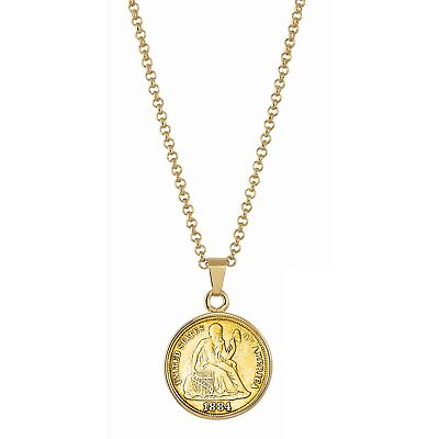 #ad NEW Gold Layered Seated Liberty Silver Dime Coin Pendant 18quot; Chain 13601 $99.95