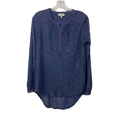 #ad LUCKY BRAND S Blue Lace Flowy Pullover Top Henley 8 Button Placket Long Sleeve $14.57
