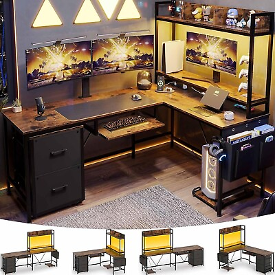 #ad L Shaped Gaming Desk Reversible Corner Computer Desk with Power Outletamp;Led Strip $185.97