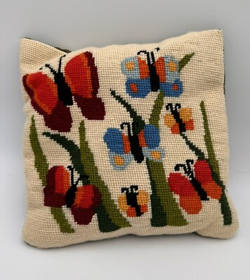 #ad Vintage Needlepoint Pillow Bright Butterflies Retro Granny Core 10” x 10” Velvet $24.95