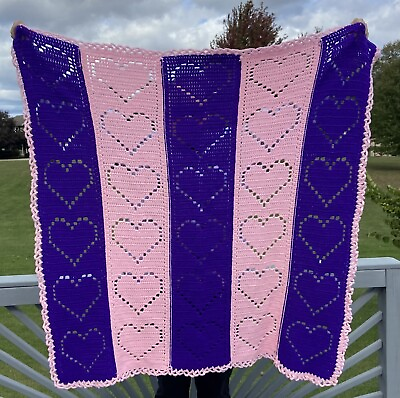 #ad PINK AND PURPLE HANDMADE CROCHETED AFGHAN THROW BLANKET W HEARTS 57quot; X 55quot; VGC $28.95