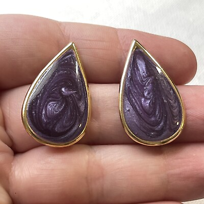 #ad Vintage 80s Purple Enamel Swirl Glitter Tear Drop Gold Tone Pierced Earrings $9.95
