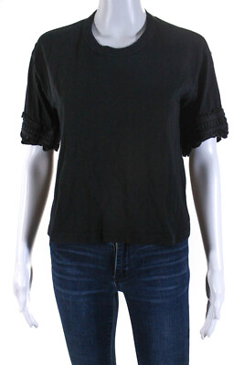 #ad See by Chloe Women#x27;s Round Neck Ruffle Sleeve Cropped T Shirt Black Size M $34.01