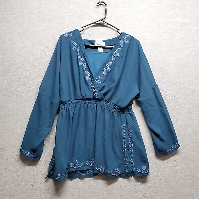 #ad Katherine Women Top XL Blue Blouse Boho Faux Wrap Embroidered Babydoll Sheer $13.94