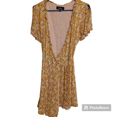 #ad Lulu#x27;s Yellow Floral Print Wrap Dress Mini Summer Spring Casual Size Medium $15.99