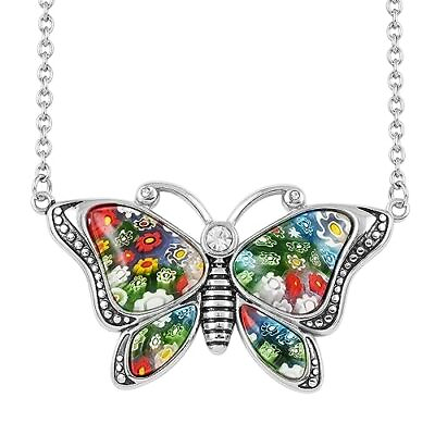 #ad Butterfly Flower Pendant Necklace Murano Style Millefiori Glass Crystal 20 Gift $30.05