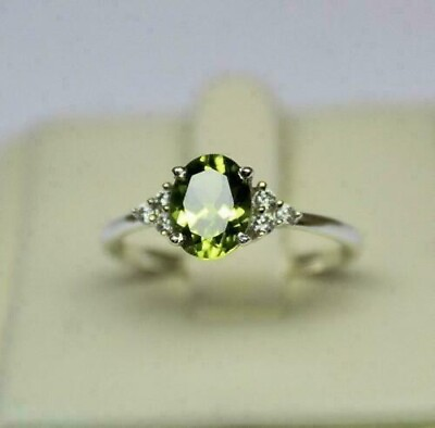 #ad 3Ct Oval Green Peridot Diamond Solitaire Lab Created Ring 14K White Gold Plated $87.19