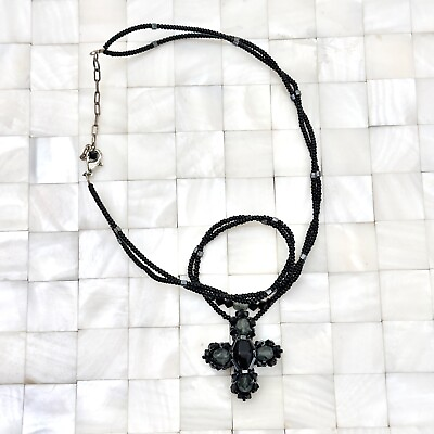 #ad Black Beaded Cross Pendant Double Layer Necklace The Vintage Strand Lot #3002 $4.89