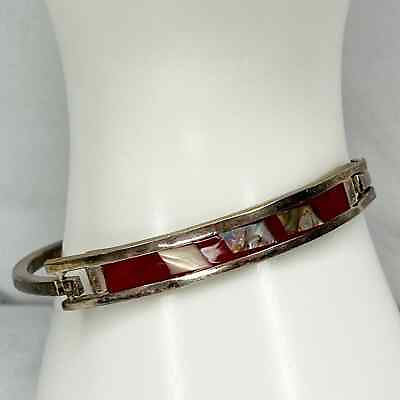 #ad Vintage Silver Tone Abalone Shell Red Inlay Hinge Bangle Bracelet $24.99