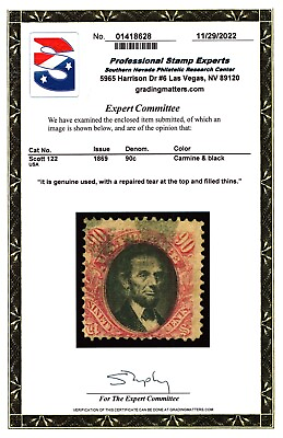 #ad US Scott #122 90c B Abraham Lincoln Stamp. Used. G Grill. PSE Cert. CV $2000 $1099.99