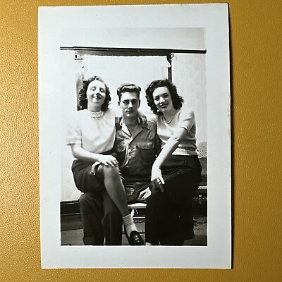 #ad Lucky Man w Two Beautiful Women On His Lap ORIGINAL snapshot vintage photo Sexy $10.00