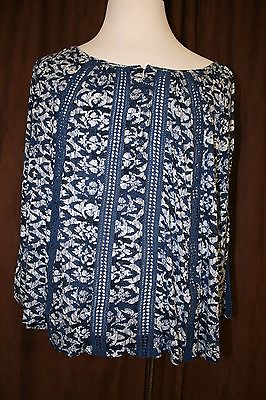 #ad Lucky Brand Printed Knit Lace Top Women Cover Long Sleeve Blue White Small S NEW $24.00