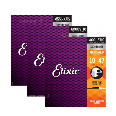 #ad 3x Elixir 11002 Nanoweb Coated 80 20 Bronze Acoustic Guitar Strings 10 47 $28.99