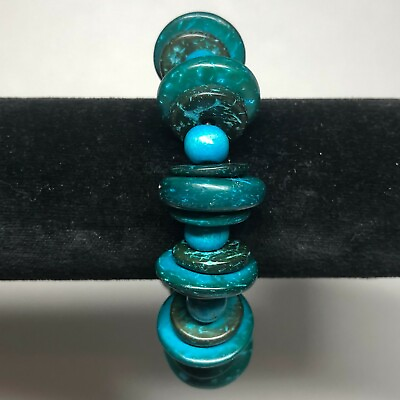 #ad Mother#x27;s Day Gift Bracelet Bangle 3 4quot; Cuff Stretch Turquoise Wood Disc7.5quot; 9quot; $6.53