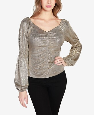 #ad Belldini Womens Size M Gold Polyester Blend V Neck Stretch Ruched Foil Print Top $24.99