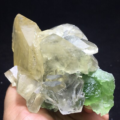 #ad 562g Transparent Bright Green Cube Fluorite Crystal amp; Yellow Calcite Specimen $80.50