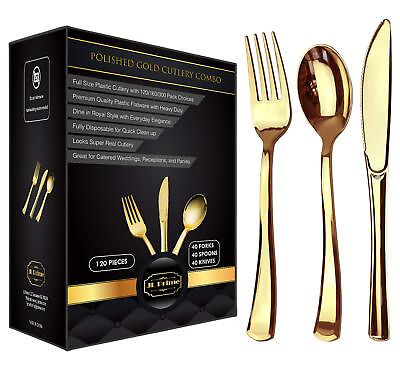 #ad 120 Piece Gold Plastic Silverware Set Re Usable Recyclable Plastic Cutlery ... $30.99