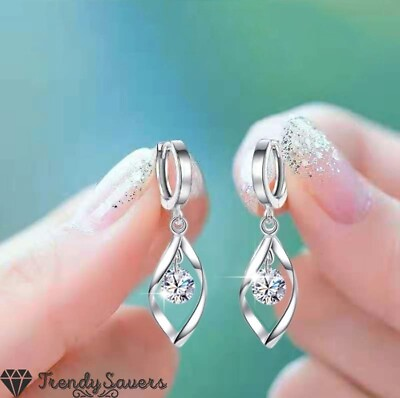 #ad 925 Silver Twisted Teardrop Round Cubic Zirconia Women#x27;s Dangle Drop Earrings GBP 3.99