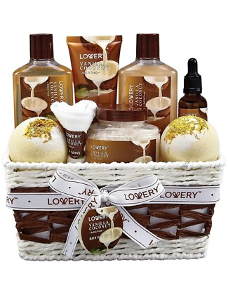 #ad Lovery Gift Spa Basket Vanilla Coconut Bath Set Lotions Bath Bombs Oil Towel $28.49