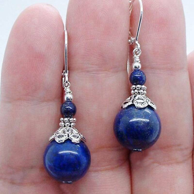 #ad Bohemian Silver Plated Blue Vlapis Lazuli Beads Hook Earrings for Women Jewelry C $2.29