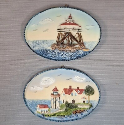#ad Set of 2 Wall Hanging Plaque Decor Hand Painted Lighthouse Collection $12.90