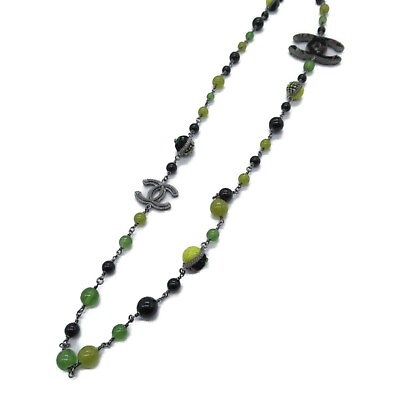 #ad CHANEL Long Necklace Plated Tweed Green Used SHW CC Coco $1553.00